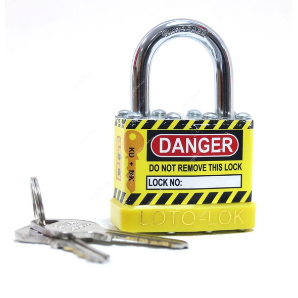 Loto-Lok Lockout Padlock, 2PTPSYKDS24, Steel, 24 x 6MM, Yellow