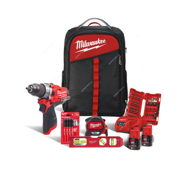 Milwaukee Compact Percussion Drill Kit, M12FPD-202BA, 12V, 38 Pcs/Set