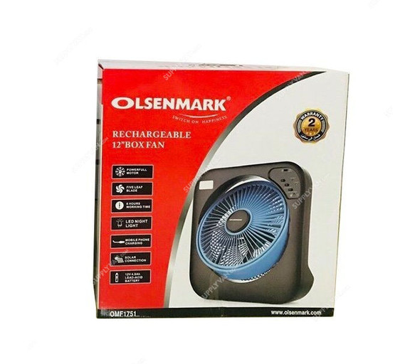 Olsenmark Rechargeable Box Fan With Emergency Lantern, OMF1751, 12V, Black