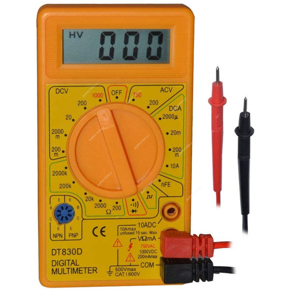 Digital Multimeter, DT830D, 9V, 10A, Yellow