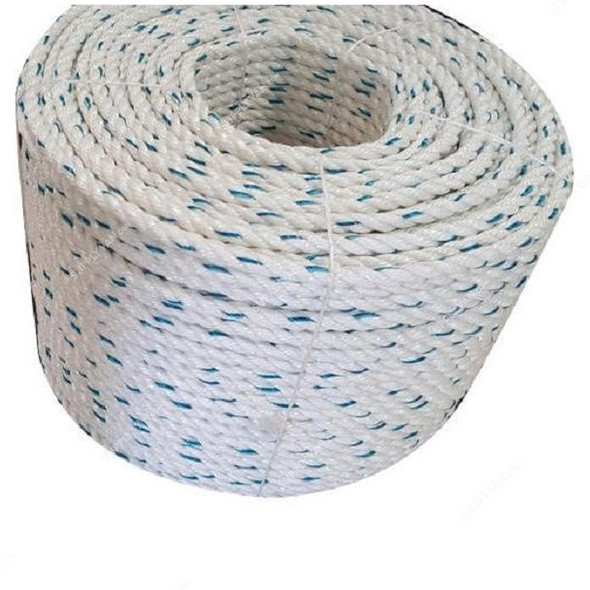 3-Strand Nylon Rope With Blue Tracer, 6MM x 200 Mtrs, White