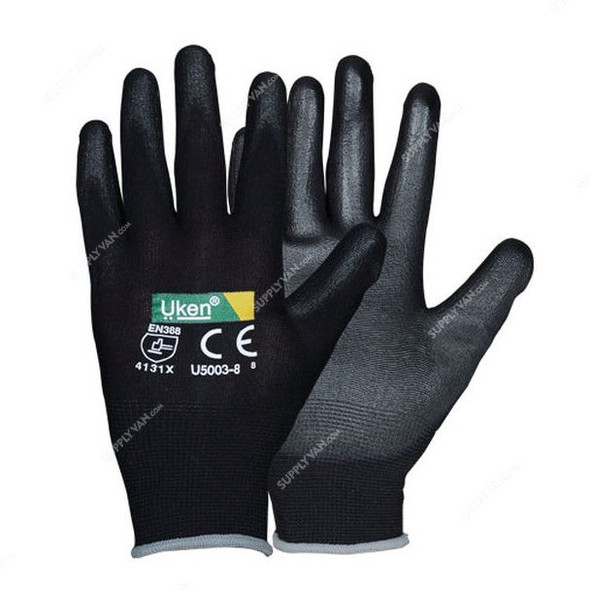 Uken Safety Gloves, U5003-8, Polyester, Black, 12 Pairs/Pack