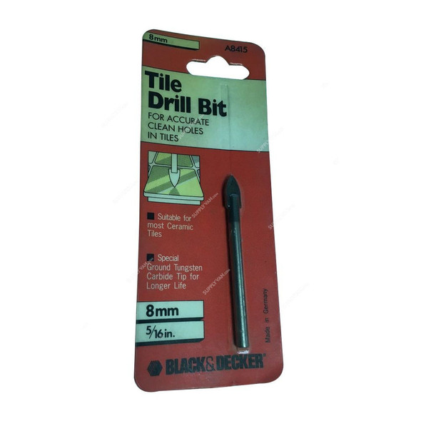 Black and Decker Glass and Tile Drill Bit, A8415, Tungsten Carbide, 8 x 76MM