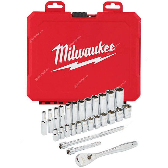 Milwaukee Metric Ratcheting Socket Set, 4932464943, 1/4 Inch, 28 Pcs/Set