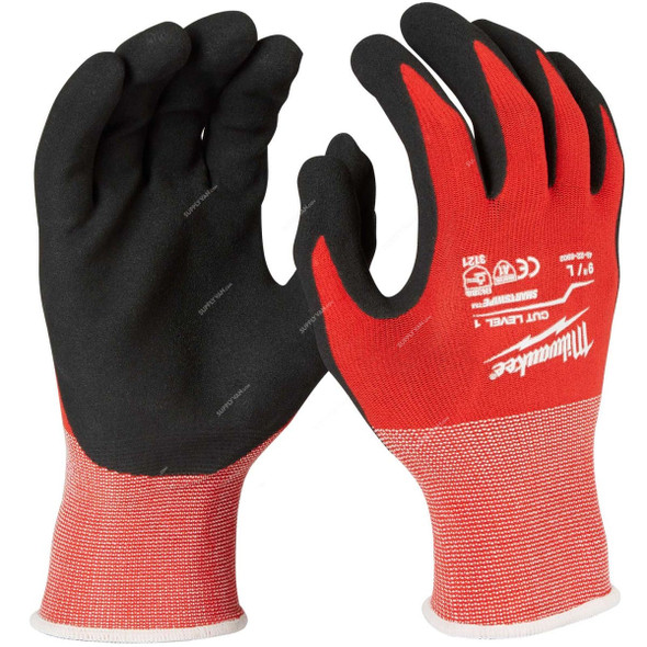 Milwaukee Dipped Gloves, 4932471417, Cut Level 1, L, Red