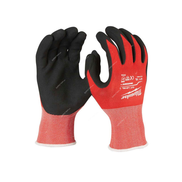 Milwaukee Dipped Gloves, 4932471418, Cut Level 1, XL, Red