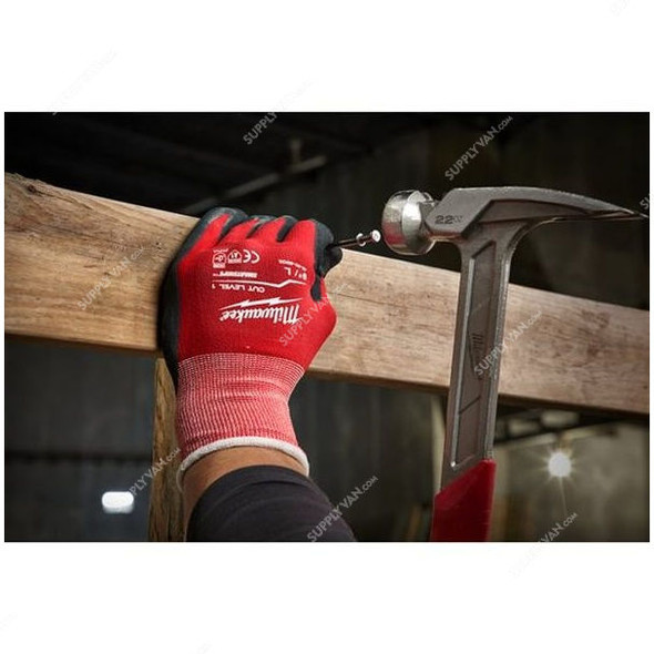 Milwaukee Dipped Gloves, 4932471419, Cut Level 1, 2XL, Red