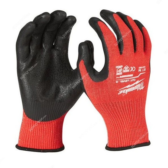 Milwaukee Dipped Gloves, 4932471420, Cut Level 3, M, Red