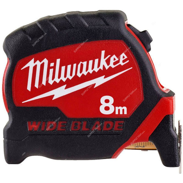 Milwaukee Premium Wide Blade Tape Measure, 4932471816, 33 x 8 Mtrs, Red/Black