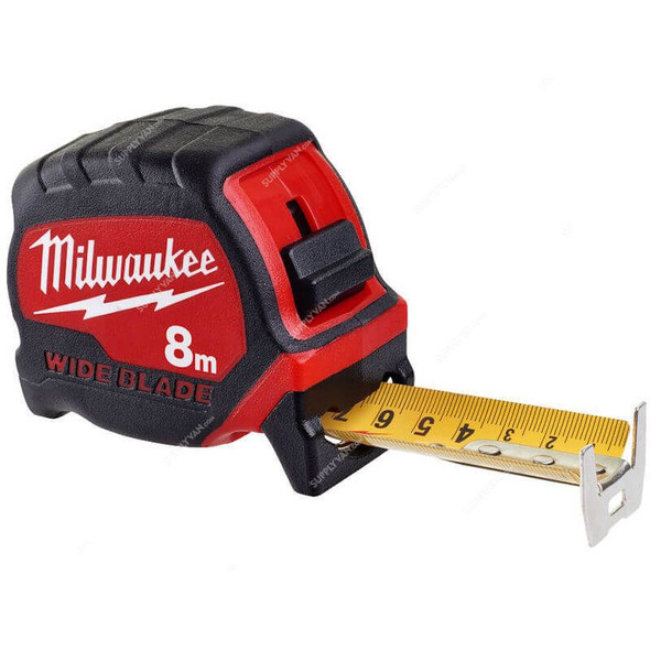 Milwaukee Premium Wide Blade Tape Measure, 4932471816, 33 x 8 Mtrs, Red/Black