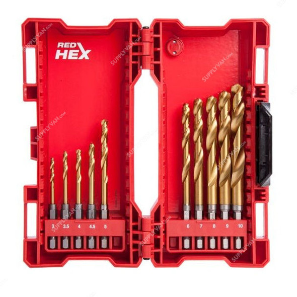 Milwaukee HSS-G Tin Red Hex Shank Drill Bit Set, 48894759, Shockwave, Metal, 10 Pcs/Set