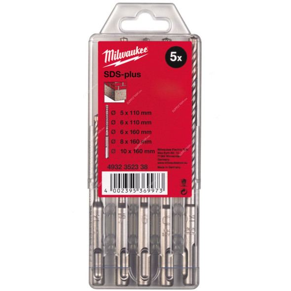 Milwaukee SDS-Plus Hammer Drill Bit Set, 4932352338, M2, 5 Pcs/Set