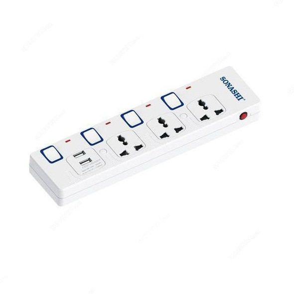 Sonashi 3 Way Extension Socket With Dual USB Port, SES-904U, 13A, 3 Mtrs