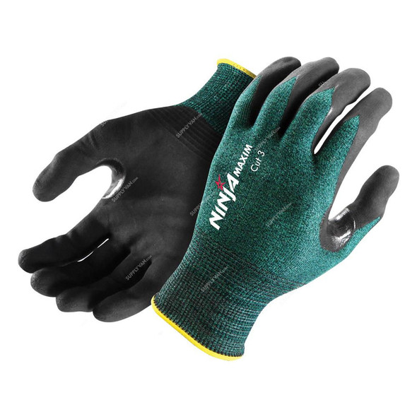Ninja Cut Resistant Gloves, Maxim Cut 3, NFT, L, Black/Green
