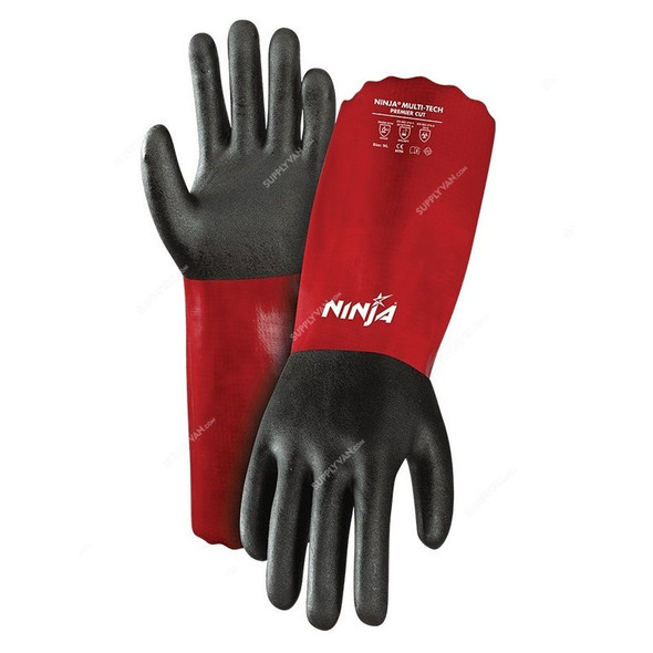 Ninja Cut Resistant Gloves, Multitech Premier Cut, Nylon, L, Black/Red