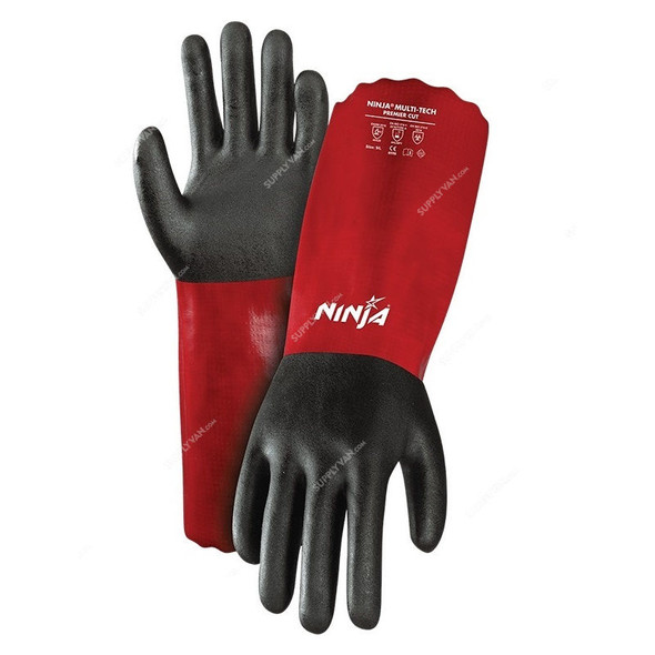Ninja Cut Resistant Gloves, Multitech Premier Cut, Nylon, XL, Black/Red