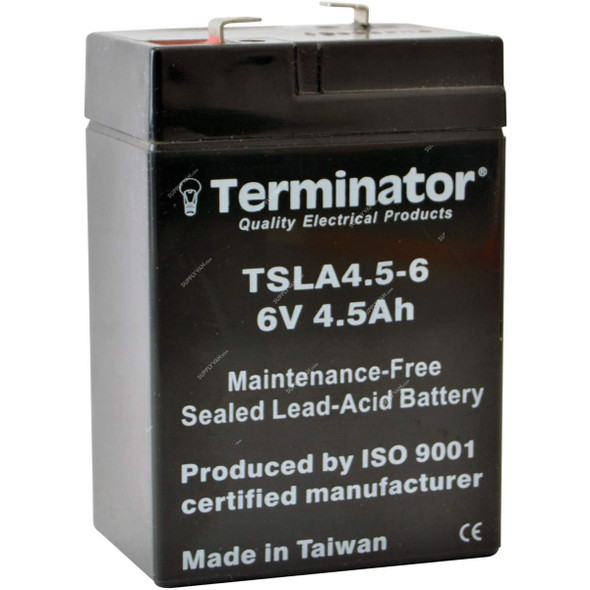 Terminator Rechargeable Sealed Lead Acid Battery, TSLA-4-5-6, 6V, 4.5Ah