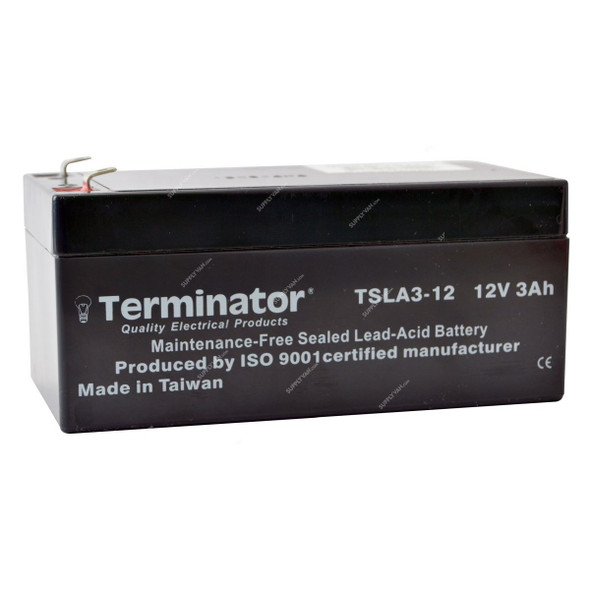 Terminator Rechargeable Sealed Lead Acid Battery, TSLA-3-12, 12V, 3.0Ah