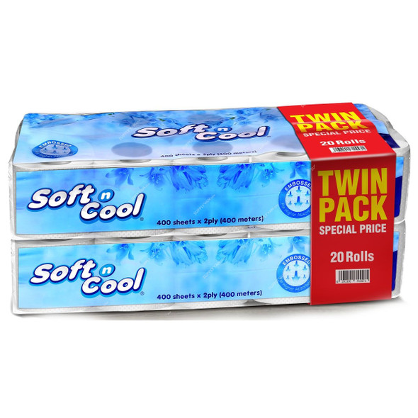 Hotpack Soft N Cool Toilet Paper Roll Twin Pack, SNCTR400TP, 2 Ply, 400 Mtrs, 20 Rolls/Pack