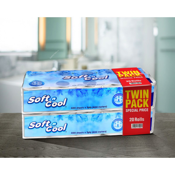 Hotpack Soft N Cool Toilet Paper Roll Twin Pack, SNCTR400TP, 2 Ply, 400 Mtrs, 20 Rolls/Pack