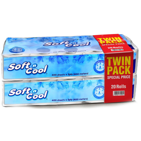 Hotpack Soft N Cool Toilet Paper Roll Twin Pack, SNCTR400TP, 2 Ply, 400 Mtrs, 100 Rolls/Pack