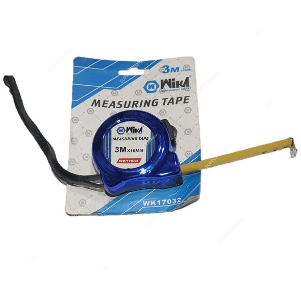 Wika Measuring Tape, WK17032, Chrome Plated, 16MM x 3 Mtrs, Blue/Silver