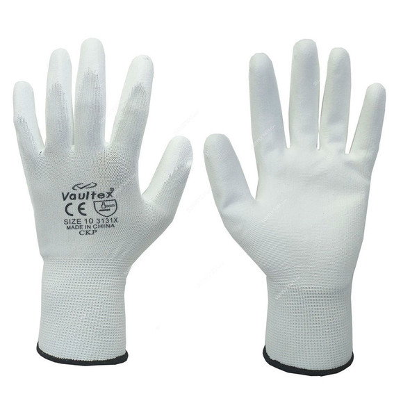 Vaultex PU Coated Gloves, CKP, Size10, White, 12 Pcs/Pack