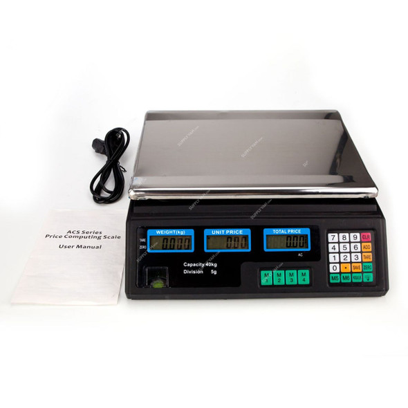 Digital Weighing Scale, 40 Kg, Stainless Steel, Black and Silver