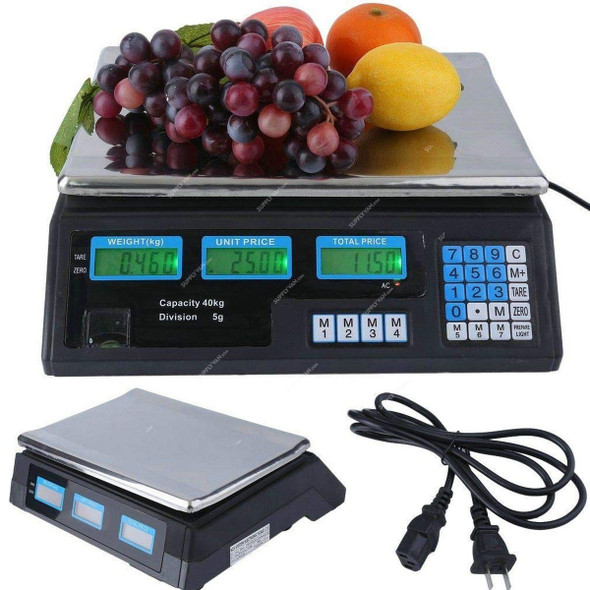 Digital Weighing Scale, 40 Kg, Stainless Steel, Black and Silver