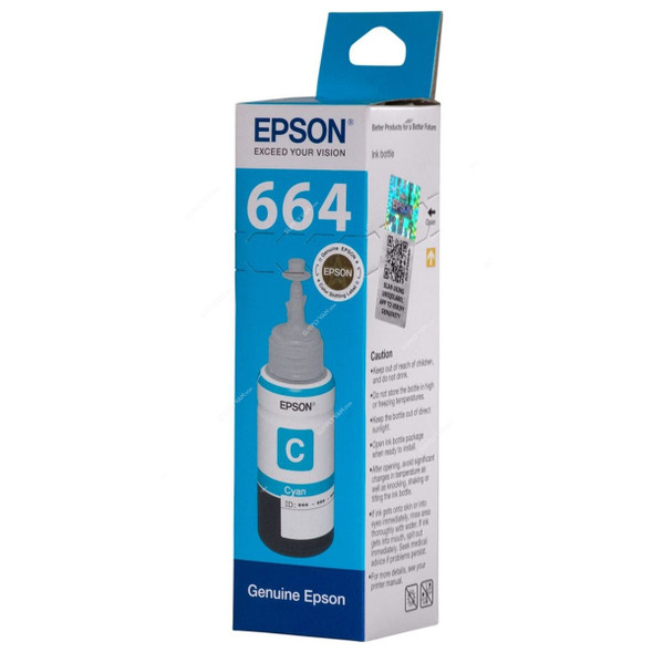 Epson Ink Bottle, T6642, 664, Cyan, 70ML