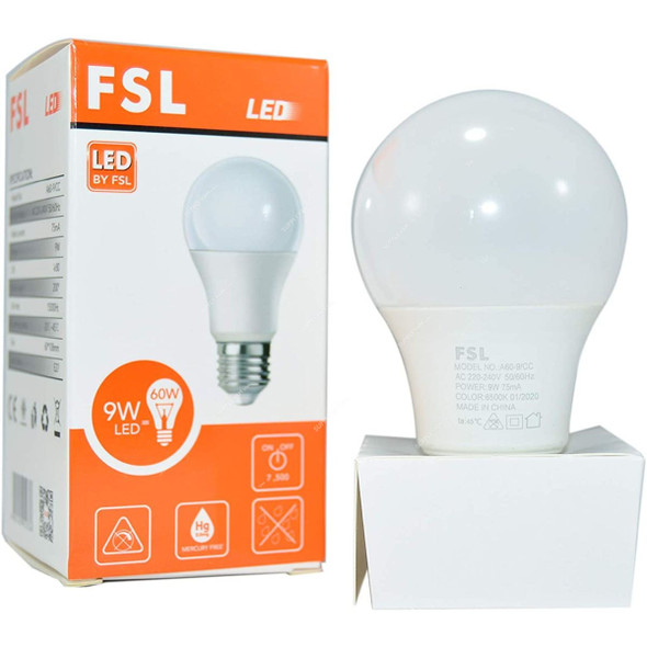 Fsl LED Bulb, A60, 9W, E27, 6500K, Cool White