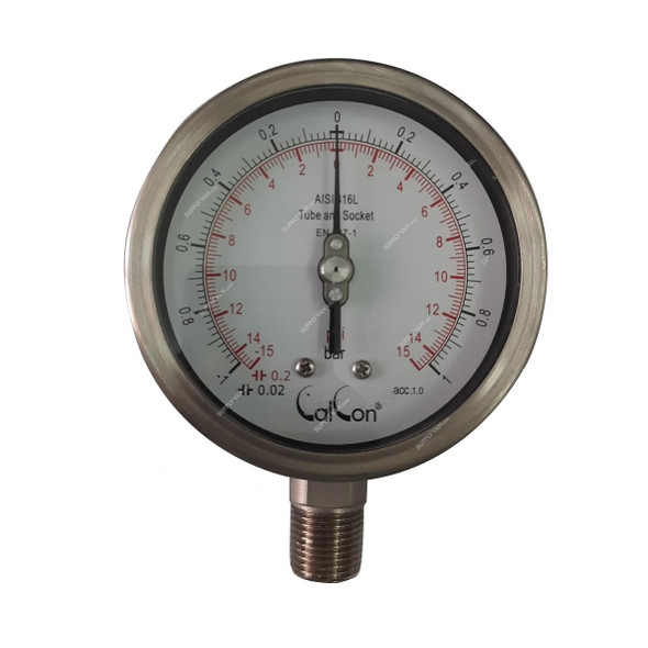 Calcon Pressure Gauge With 1/4 Inch NPTM Adapter, -1 to 1 Bar, 1/2 Inch Bottom Connection