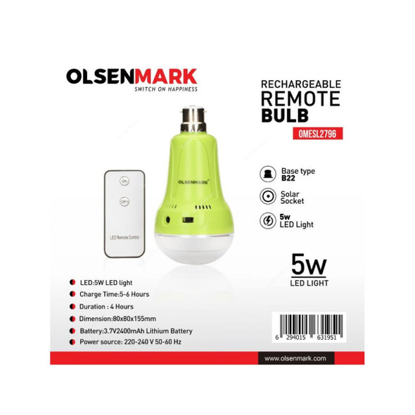 Olsenmark Rechargeable LED Bulb With Remote Control, OMESL2796, 3.7V, 2400mAh, White