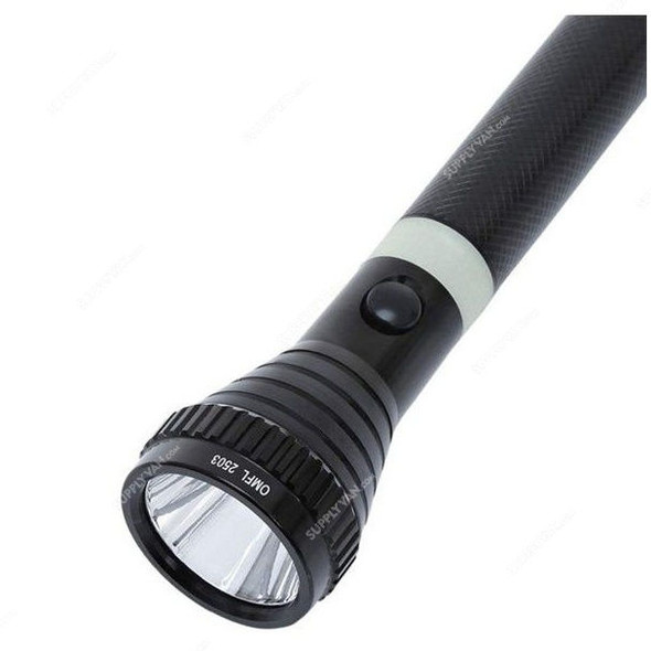 Olsenmark Rechargeable LED Handheld Flashlight, OMFL2503, Metal, 289MM, 2000 Mtrs, Black