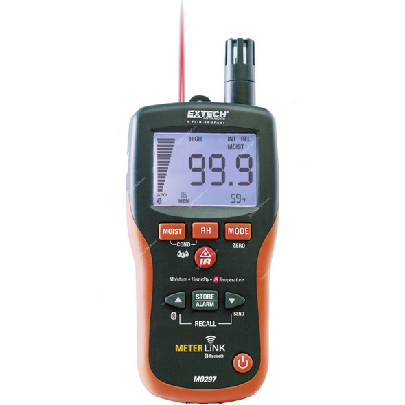Extech Pinless Moisture Psychrometer With IR Thermometer and Bluetooth MeterLink, MO297, 9V, -29 to 77 Deg.C