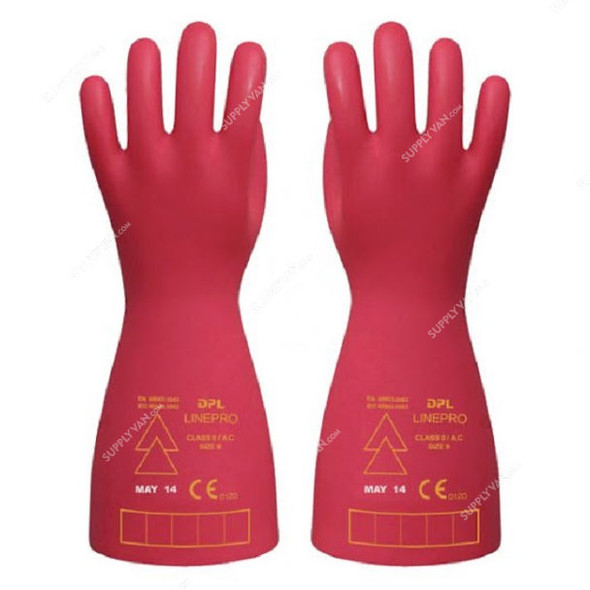 Dpl Linepro Class 0 Electrician Gloves, Natural Rubber, Size9, Red