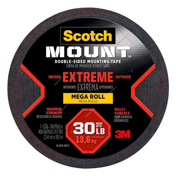 3M Extreme Double Sided Mounting Tape, 410H, Scotch-Mount, 1.52 Mtrs x 25MM, Black