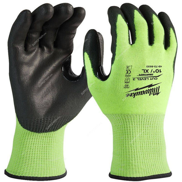 Milwaukee High-Visibility Dipped Gloves, 4932478132, Cut Level 3, L, Black/Green