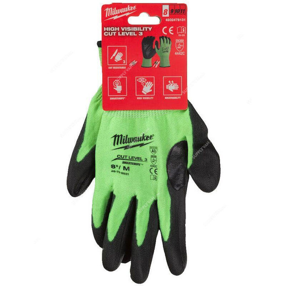 Milwaukee High-Visibility Dipped Gloves, 4932478132, Cut Level 3, L, Black/Green