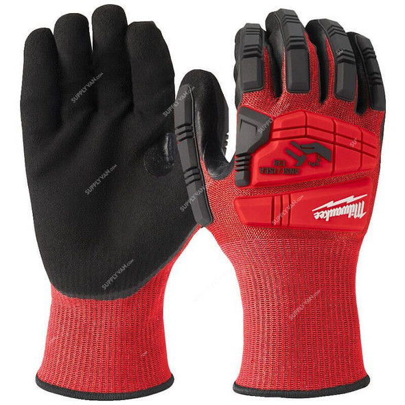 Milwaukee Impact Dipped Gloves, 4932478128, Cut Level 3, L, Black/Red