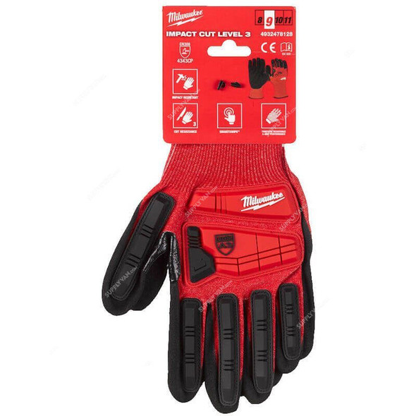 Milwaukee Impact Dipped Gloves, 4932478128, Cut Level 3, L, Black/Red