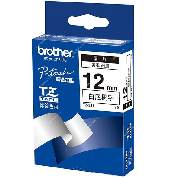Brother Labelling Tape Cassette, TZE-231, 12MM x 18 Mtrs, Black on White