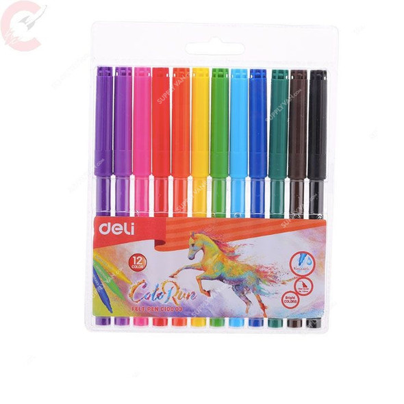 Deli Washable Color Sketch/Felt Pen, C100-03, Multicolor, 12 Pcs/Pack