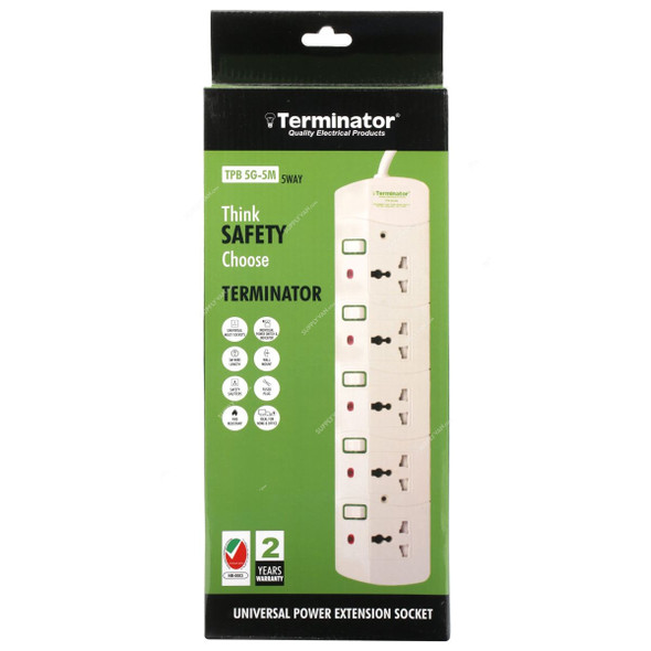 Terminator Universal Power Extension Socket, TPB-5G-5M, 5 Way, 5 Mtrs, 13A