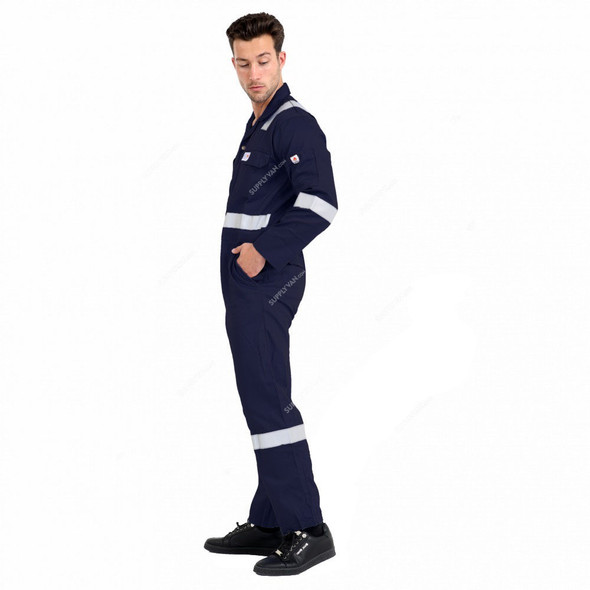 Prime Captain Flame Retardant Coverall With Reflective Tape, F1023, 100% Cotton, L, Navy Blue