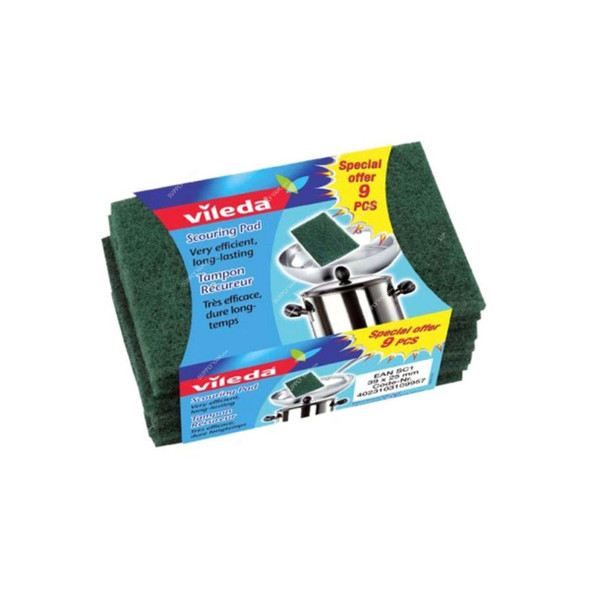 Vileda Handy Dish Washing Scouring Pad, 39 x 25MM, Green, 9 Pcs/Pack