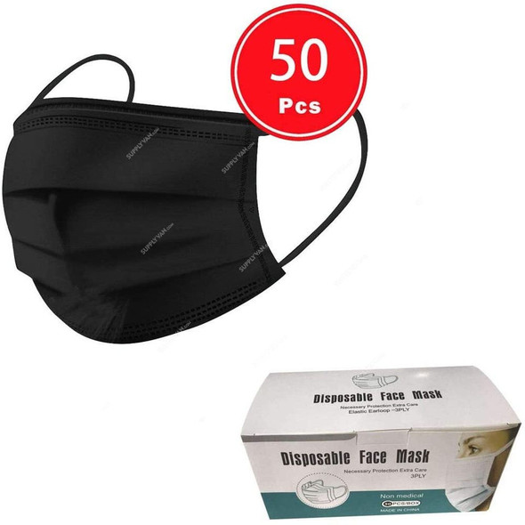Disposable Face Mask, FM3PLYB, 3 Ply, Black, 50 Pcs/Pack