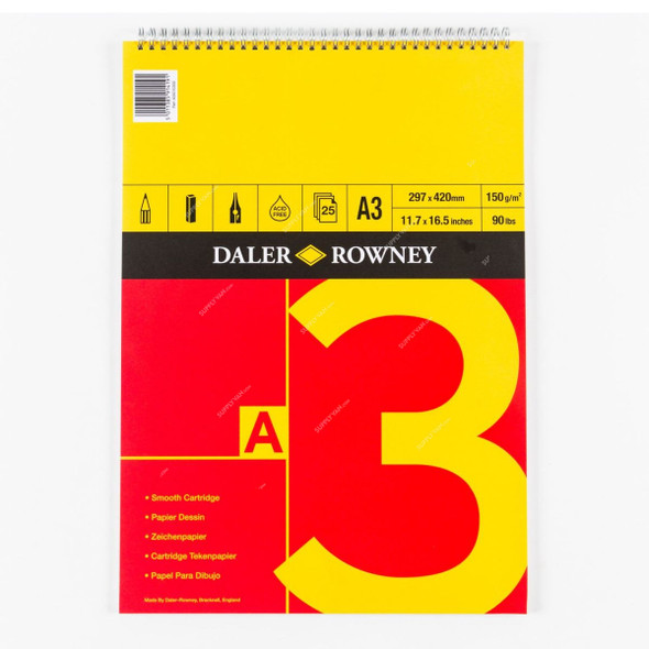 Daler Rowney Red & Yellow Drawing Paper, 434130300, A3, 150 GSM, 25 Sheets, White