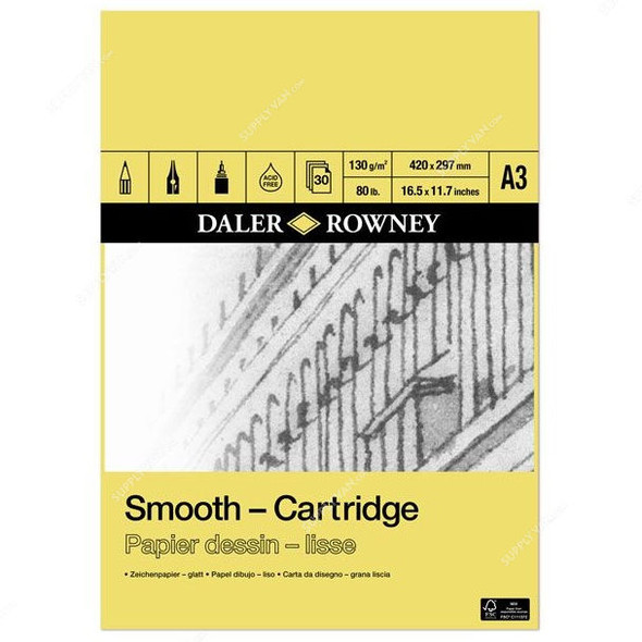 Daler Rowney Smooth Cartridge Paper Pad, 403010300, A3, 130 GSM, 30 Sheets, 297 x 420MM, White