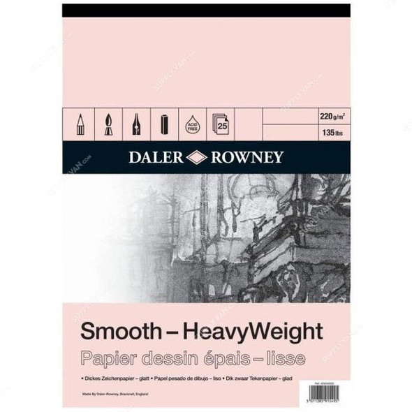 Daler Rowney Heavyweight Cartridge Paper Pad, 403040200, A2, 220 GSM, 25 Sheets, 420 x 594MM, White